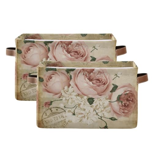 ALAZA Vintage Shabby Chic Rose Floral Foldable Storage Box Storage Basket Organizer Bins with Handles for Shelf Closet Living Room Bedroom Home Office 2 Pack
