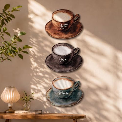 Blulu 3 Pcs Coffee Cup Wooden Wall Art Decor with Metal Hook for Kitchen