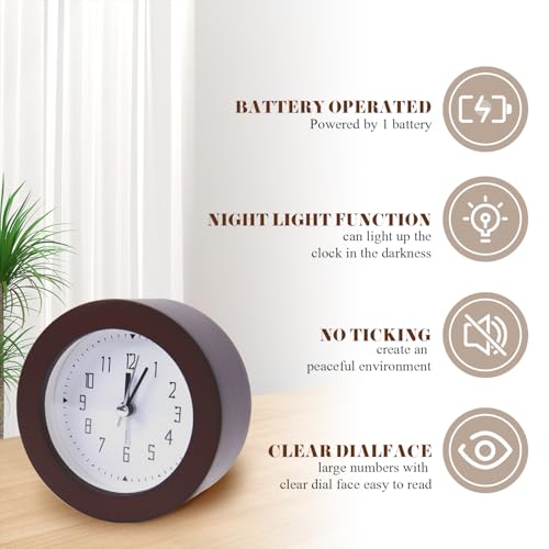 Wooden Analog Alarm Clock Silent Non-Ticking Desk Clock Battery Operated Table Clock with Nightlight for Bedroom,Children's Room, Living Room,Brown(4Inch) - color: Brown Wood
