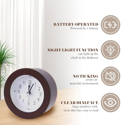 Wooden Analog Alarm Clock Silent Non-Ticking Desk Clock Battery Operated Table Clock with Nightlight for Bedroom,Children's Room, Living Room,Brown(4Inch) - color: Brown Wood