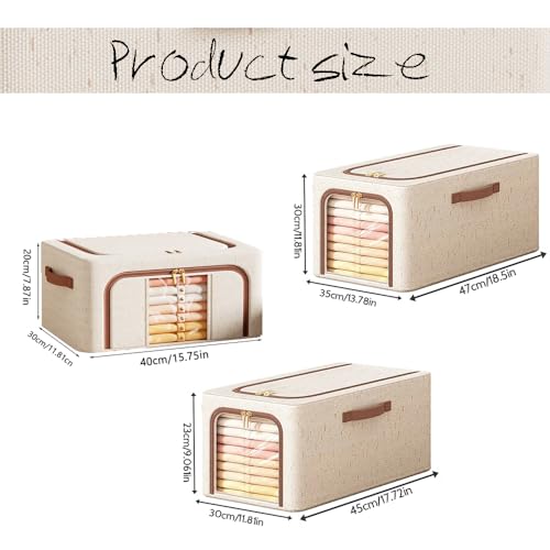 RZJZGZ 3 Pack 49L Clothes Storage Bins with Metal Frame, Foldable Linen Storage Boxes with Lids, Linen Fabric Storage Box with Lid Clear Window（Beige） (Three sizes) - color: Three sizes