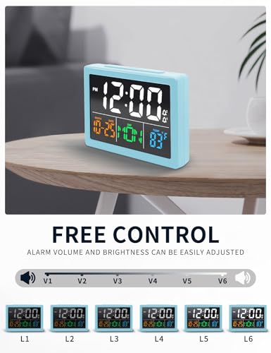 JALL Digital Clock with Date Day for Seniors, Electric Alarm Clocks for Bedrooms with Temperature, 2 Alarms, Dimmer, Dual USB Charger, Battery Backup, Volume Control, Snooze, Bedside Desk Clock, Blue - color: Blue