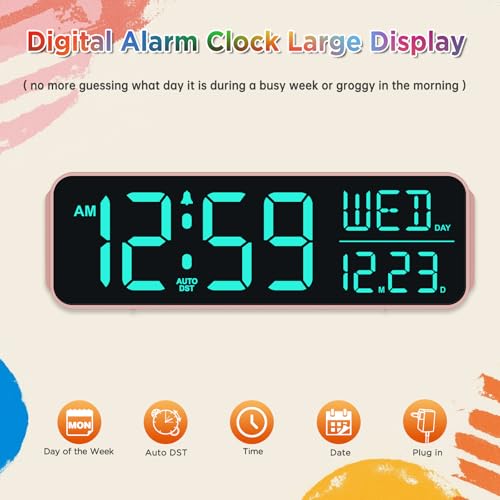 Peakeep Large Display Digital Alarm Clock for Bedroom with Date Day of Week - color: Rose Gold With Colorful (Plug-in Ac Powered)