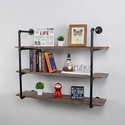 MBQQ Industrial Pipe Shelving Wall Mounted,48in Rustic Metal Floating Shelves,Steampunk Real Wood Book Shelves,Wall Shelf Unit Bookshelf Hanging Wall Shelves,Farmhouse Kitchen Bar Shelving(3 Tier) - color: 3-layer, size: 48in