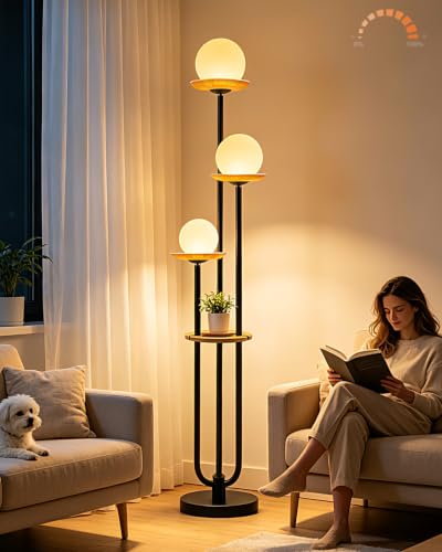 Lightdot 3-Globe Floor Lamp Dimmable with Green Glass Tray Black Floor Lamp - color: Amber-3U Black