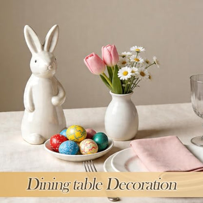 White Ceramic Bunny Figurine, 7.2 Inches Easter Bunny Statue, 1 Pcs Spring Easter Decor for Table Centerpiece, Mantel, Shelf, Windowsill Home Decor (Gold Ears)