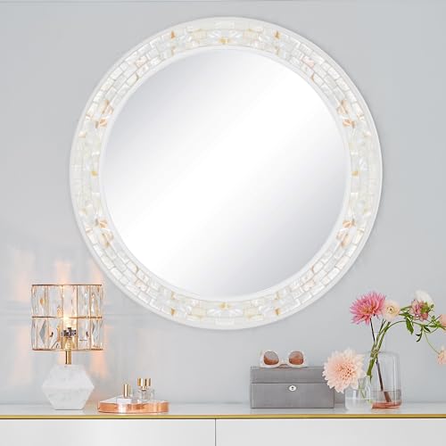Round Bathroom Mirror 36 Inch, White Framed Mosaic Shell Mirrors - size: 36"L x 36"W