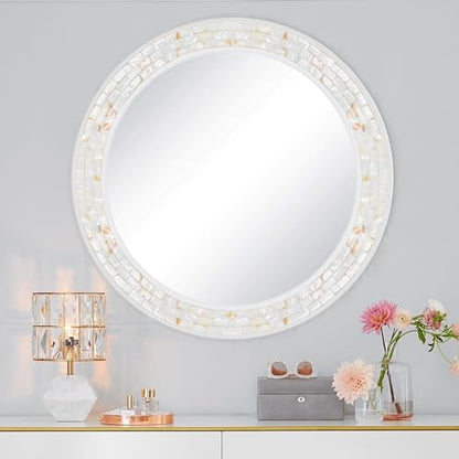 Round Bathroom Mirror 36 Inch, White Framed Mosaic Shell Mirrors - size: 36"L x 36"W