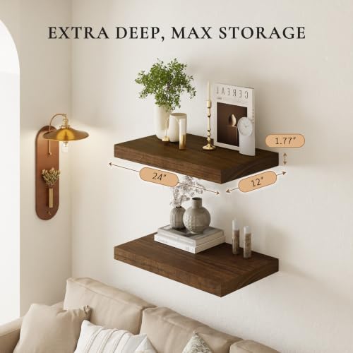 24" Extra Deep Floating Shelves, Set of 2, Walnut Wood - color: Walnut, size: 2T24IN