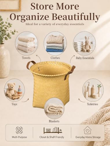 Wicker Storage Baskets, 4 Pack Woven Baskets for Shelves, Yellow - color: Round Yellow