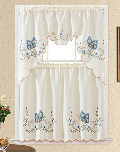 GOHD Dancing Butterfly 3pcs Embroidery Cafe Curtains with cutworks,Blue - color: Blue