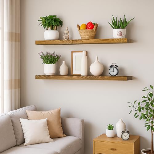 BGMG Floating Shelves 48 Inch Long, Wide Rustic Wooden Wall Shelves for Bathroom Living Room Bedroom Kitchen Farmhouse Set of 2-48x6.7x1.25 Inch - Gold Oak - color: Gold Oak, size: 48 inch