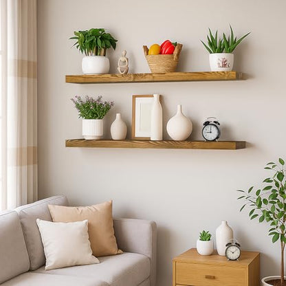 BGMG Floating Shelves 48 Inch Long, Wide Rustic Wooden Wall Shelves for Bathroom Living Room Bedroom Kitchen Farmhouse Set of 2-48x6.7x1.25 Inch - Gold Oak - color: Gold Oak, size: 48 inch