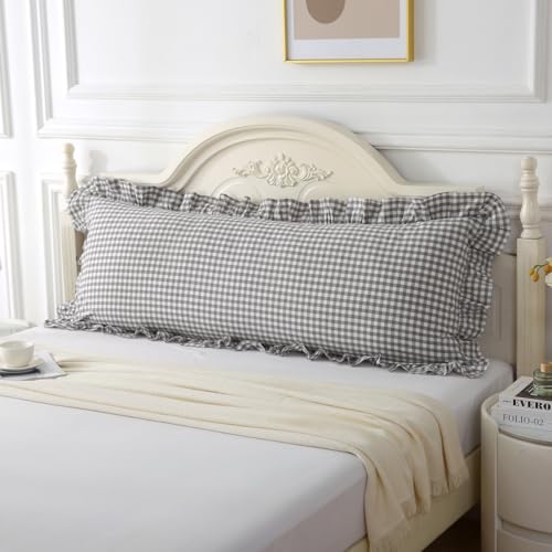 Silnuo Grey/White Plaid Ruffled Body Pillow Sham 1 Piece Washed Cotton Shabby Checkered Gingham Pillow Cover 20"x54" - color: Grey/White Plaid, size: Body Pillow (20" x 54") - 1 Piece
