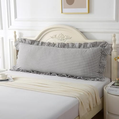 Silnuo Grey/White Plaid Ruffled Body Pillow Sham 1 Piece Washed Cotton Shabby Checkered Gingham Pillow Cover 20"x54" - color: Grey/White Plaid, size: Body Pillow (20" x 54") - 1 Piece