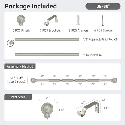 Silver Curtain Rods for Windows 48 to 84 Inch 7/8"" Diameter - color: Silver, size: 36"-88"|1 Pack