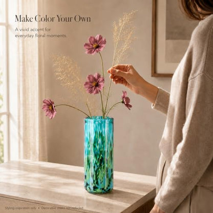 9.45in H Sea Glass Cylinder Vase Unique Hand Blown Glass Vase for Flower - color: Dark Green