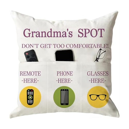 ONFAON Grandma Gifts, Grandma's Spot Throw Pillow Covers 18x18 Inch,Put Phone Glasses and Remote Control Pillowcase,Birthday Christmas Thanksgiving Day Gifts for Grandma Mom,3-Pocket - color: Grandma 3-pocket