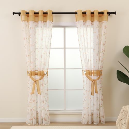 L.Z.E Floral Sheer Curtains for Living Room 108 Inches Long 2 Panels Set, Spring Sheer Curtains & Drapes for Bedroom Girls Room Nursery Grommet Top Voile with Tiebacks (56" W x 108" L) - color: Gold Floral, size: 56"W x 108"L (Pack of 2)