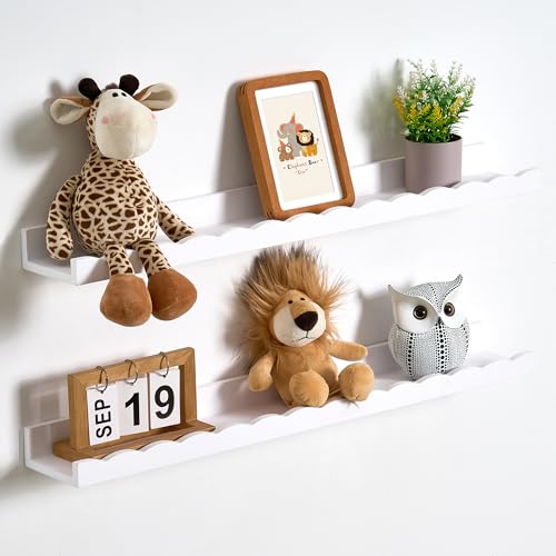 Fun Memories Scalloped Floating Shelves for Wall 32in, Solid Pine Wood Nursery Book Shelves, Kids Wall Shelves for Bedroom, Toddler Room Storage & Nursery Decor, Set of 2 - color: White, size: 32", Set of 2