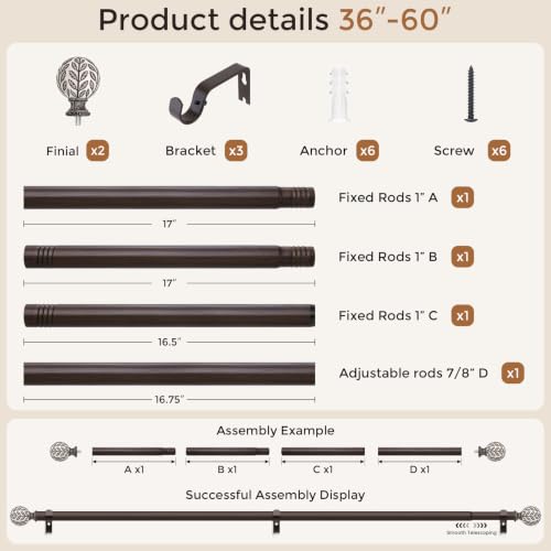 Curtain Rod 36-60 Inch, Boho Wood 1 Inch Curtain Rods for Windows - color: Walnut Wood, size: 36''-60'' (1 Pack)