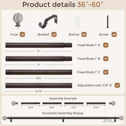 Curtain Rod 36-60 Inch, Boho Wood 1 Inch Curtain Rods for Windows - color: Walnut Wood, size: 36''-60'' (1 Pack)