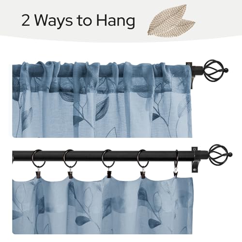 HOMEIDEAS Stone Blue Kitchen Tier Curtains Leaf Embroidered, 30x24 - color: Stone Blue, size: 30"W x 24"L (Pack of 2)