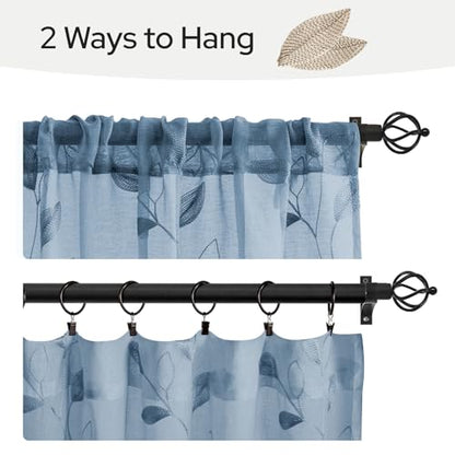 HOMEIDEAS Stone Blue Kitchen Tier Curtains Leaf Embroidered, 30x36, 2 Panel - color: Stone Blue, size: 30"W x 36"L (Pack of 2)