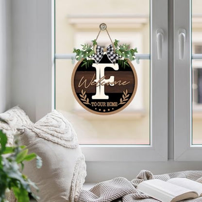 Monogram Letter F Front Door Sign, Welcome to Our Home Family Last - color: F