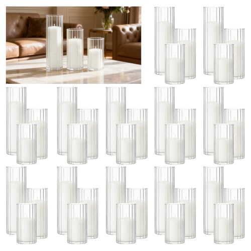72 PCS White Pillar Candles and Ribbed Glass Cylinder Vases - color: White, size: 36+36