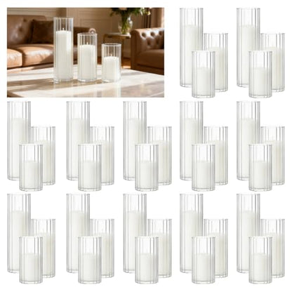 72 PCS White Pillar Candles and Ribbed Glass Cylinder Vases - color: White, size: 36+36