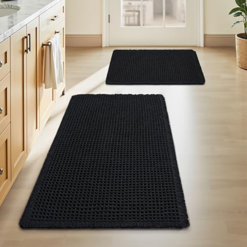 Upgraded Waffle Bath Mat Set of 2 Absorbent Bathroom Mat 17"x24" + 20"x32" - color: Black, size: 17" x 24" + 20" x 32"