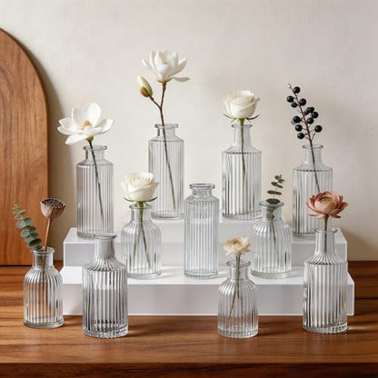 Mini Ribbed Glass Bud Vases Set of 12, Small Fluted Glass Flower Vases for Wedding Reception Centerpieces, Tabletop Decorations, Modern Home Decor