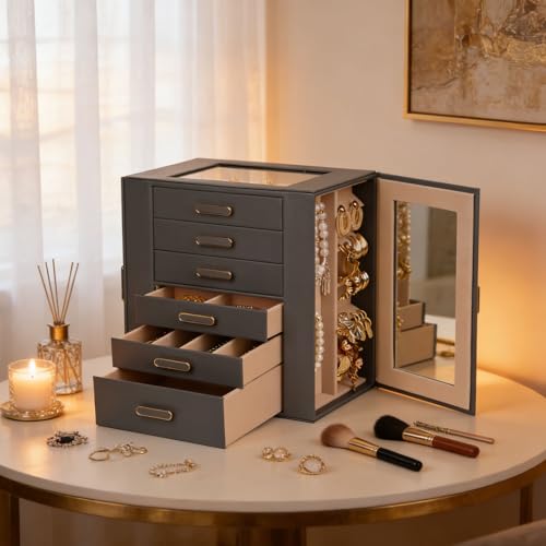 BOOVO Clear Lid Jewelry Box 6 Layer Jewelry Organizer(Grey, 6 Layer) - color: Grey, size: 6 Layer