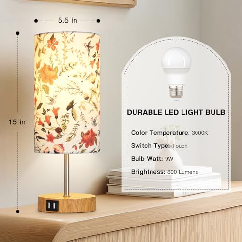 CINSARY Bedside Touch Lamp with Flower Fabric Shade, 3 Way Dimmable Wood Bedroom Lamp for Nightstand with 2 USB Charging Ports, Small Table Lamp for Living Room Reading Desk (LED Bulb Included) - color: Flower1-15" H