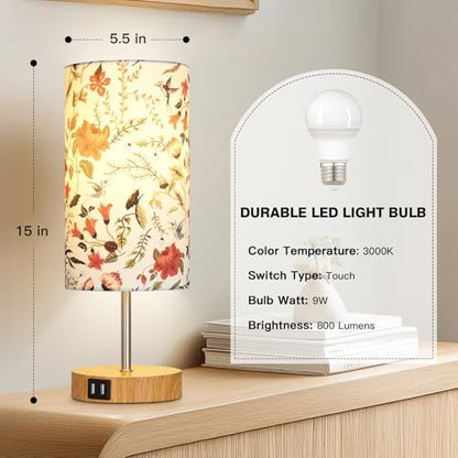 CINSARY Bedside Touch Lamp with Flower Fabric Shade, 3 Way Dimmable Wood Bedroom Lamp for Nightstand with 2 USB Charging Ports, Small Table Lamp for Living Room Reading Desk (LED Bulb Included) - color: Flower1-15" H