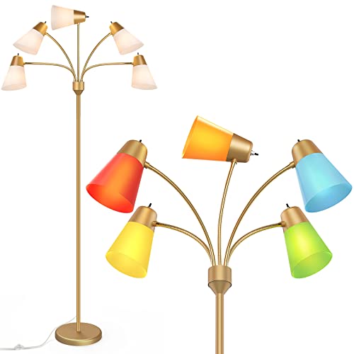 FOLKSMATE LED Floor Lamp, Medusa Multi Head Modern Tall Standing Lamps, Adjustable Corner Reading Floor Light for Living Room, Bedroom, Kids Room, White and Colored Lampshades, Brass Gold - color: Brass