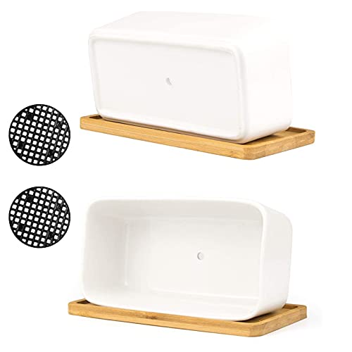 White Ceramic Succulent Planters, Indoor and Outdoor Succulent Planters, Set of 2 Small Cactus Containers, Bonsai Pots, Flower Pots with Drainage Hole and Bamboo Bowl (No Plant) - color: Rectangular