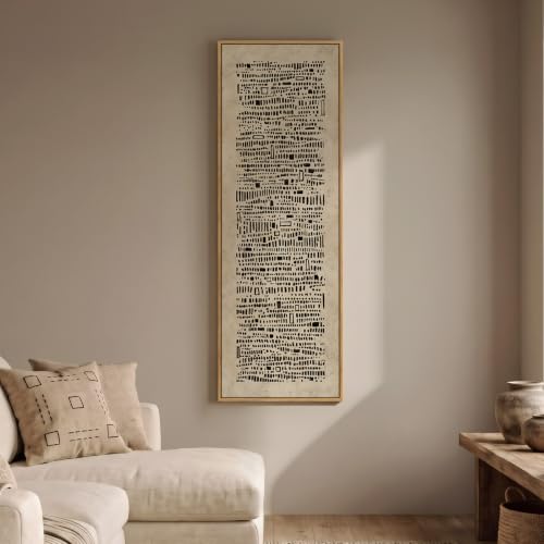 Large Framed Neutral Wabi Sabi Abstract Wall Art, Long Vertical 20x60 In - color: Black Marks A, size: 60"L x 20"W