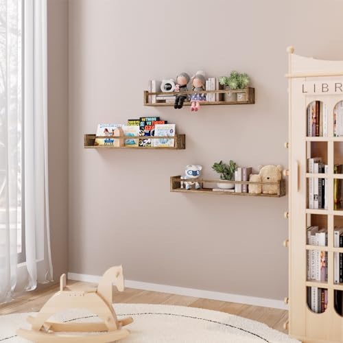 Fixwal Floating Nursery Book Shelves for Wall, 23.6 Inches, Set of 3, Brown - color: Brown, size: 23.6inches