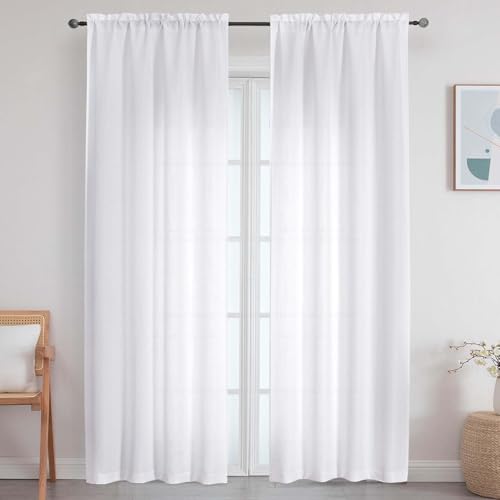 White Curtains for Bedroom Living Room 96 Inches Long 2 Panels Set, Light Filtering Faux Linen Textured Soft Airy Solid Rod Pocket Curtains Drapes, White, 2 Pcs Each 40Wx96L Inch - color: White, size: 40"W x 96"L (Pack of 2)