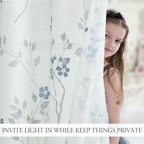 Beauoop Floral Linen Semi Sheer Curtains Living Room Blue Grey 50x84 2 Set - color: Rod Pocket | Blue and Grey, size: 50"W x 84"L (Pack of 2)