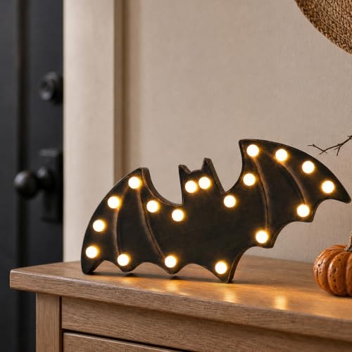Halloween Decorations-Wooden Light Up Bat | Halloween Decor for Tabletop Fireplace Mantel Porch Kitchen Home Wall Party Decorations - color: Black