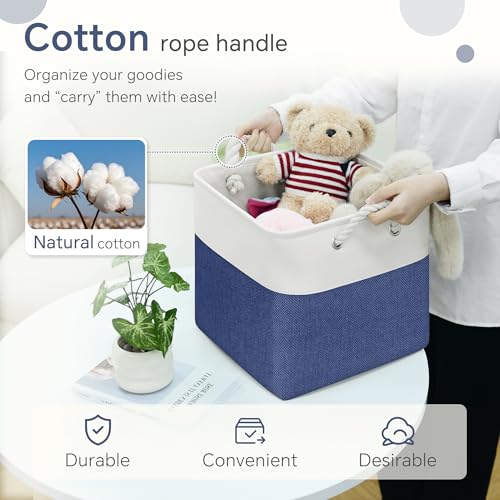 FinishingBo 11 inch Cube Storage Bin with Handles 6 Pack - color: White/Navy Blue-6 Pack