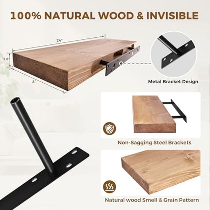 Solid Wood Floating Shelves, 24 Inch Wall Shelves, Set of 2, Oak - color: Oak, size: 24x8x1.6