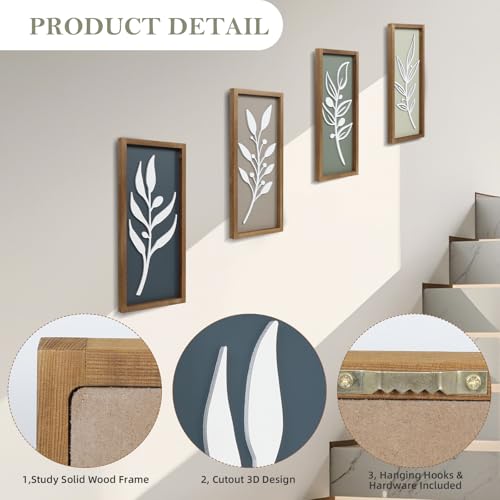 3D Tree Leaf Wooden Framed Boho Wall Art (Set of 4) - color: Multi Colors, size: 7"X16"