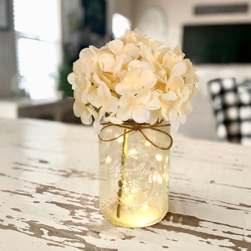 Set of 3 Mason Jar Lights, Champagne Hydrangea Holiday Table Decor - color: Jar-champagne Hydrangea