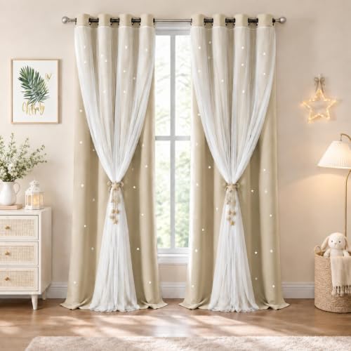 Beige Kids Star Cutout Curtains for Bedroom 52" W x 95" L 2 Panels - color: Beige, size: 52"W x 95"L (Pack of 2)