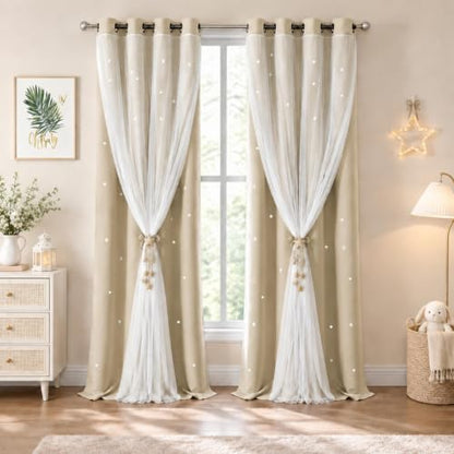 Beige Kids Star Cutout Curtains for Bedroom 52" W x 95" L 2 Panels - color: Beige, size: 52"W x 95"L (Pack of 2)