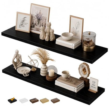 RICHER HOUSE 48 Inch Long Floating Shelves, 12 Inch Deep Black Wall Shelves - color: Black, size: 48in